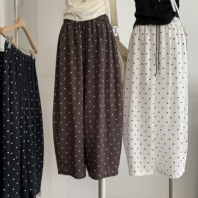 Kekezoon Polka Dot Elastic Waist Wide Leg Pants 2026 Summer Retro Simple Loose Versatile Cropped Pants 8146