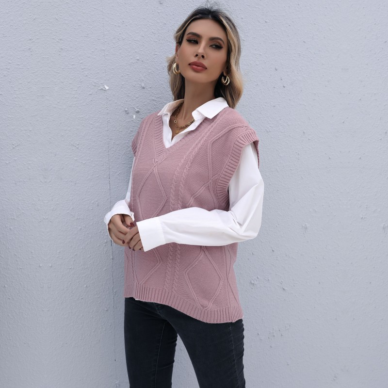 Gilet tricoté sans manches torsadé de couleur unie pour femme, mode début d'automne_voghion.com