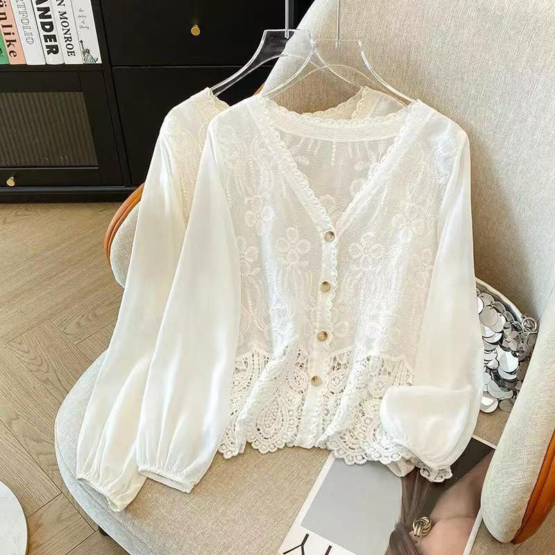 French-Style Fashion Crochet Hollow Puff Sleeve Chiffon Blouse for Women, New Winter Trendy Youthful V-Neck Lace Top