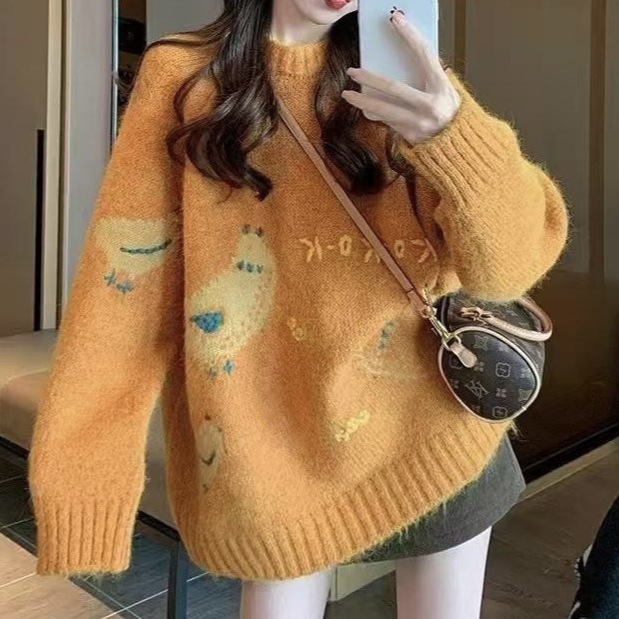 Irina Cartoon Retro Age-Reducing Orange Knitwear Women's Pullover Thickeneded Loose High-End Korean Knitwear Top