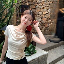 260克随心裁蕾丝拼接荡领露锁骨短袖T恤2025夏季褶皱收腰显瘦上衣