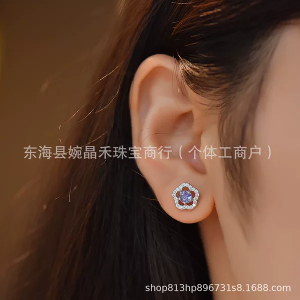 Natural Tanzanite Earrings S925 Silver Setting with Zircon 4mm Women's Simple Elegant Light Luxury Versatile