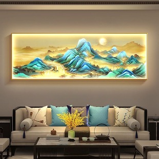 千里江山图客厅装饰画新中式山水茶室带灯挂画沙发背景墙发光壁画-阿里巴巴
