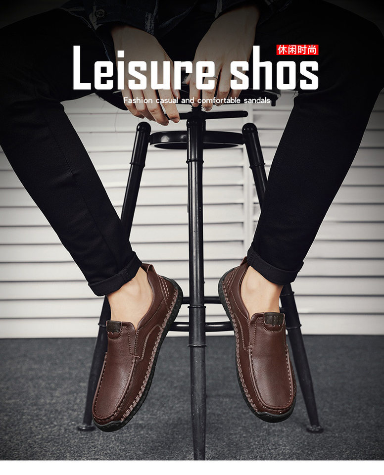 Giày lười nam da bò khâu thủ công cổ thấp mũi tròn, đế bằng — 9914 kaki, 9914 màu đen, 9914 nâu sẫm, Màu xám 9914 chi tiết 1