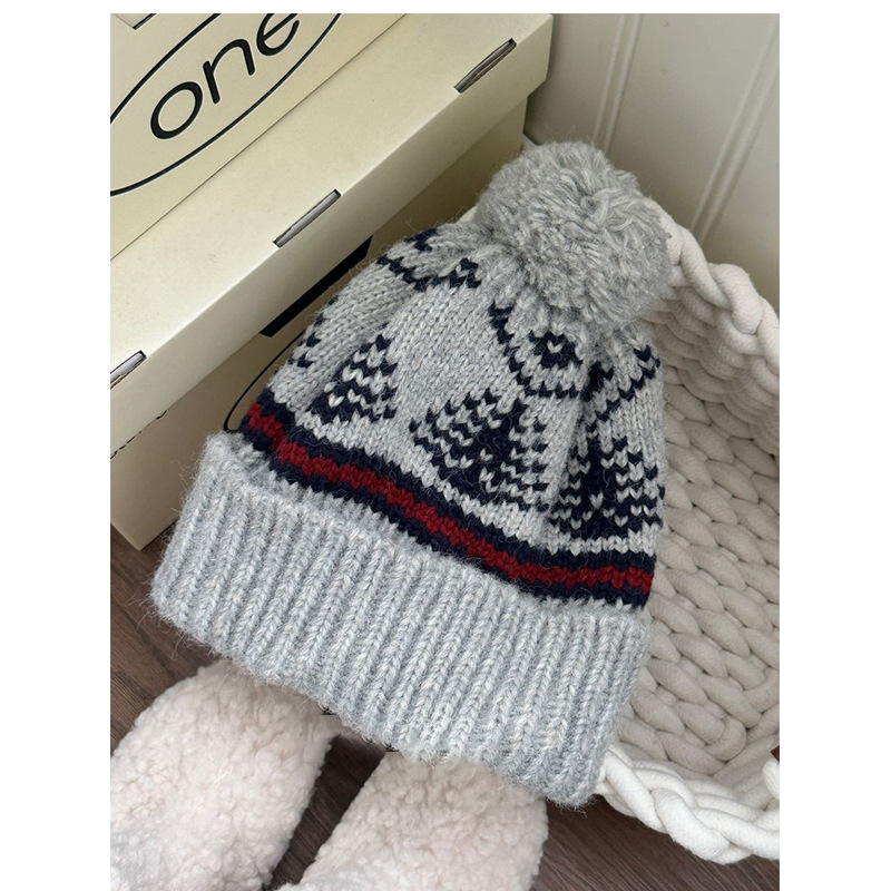 フェア島風毛糸帽子女子秋冬レトロ百合大頭囲保温ニット帽子顔小耳保護帽子