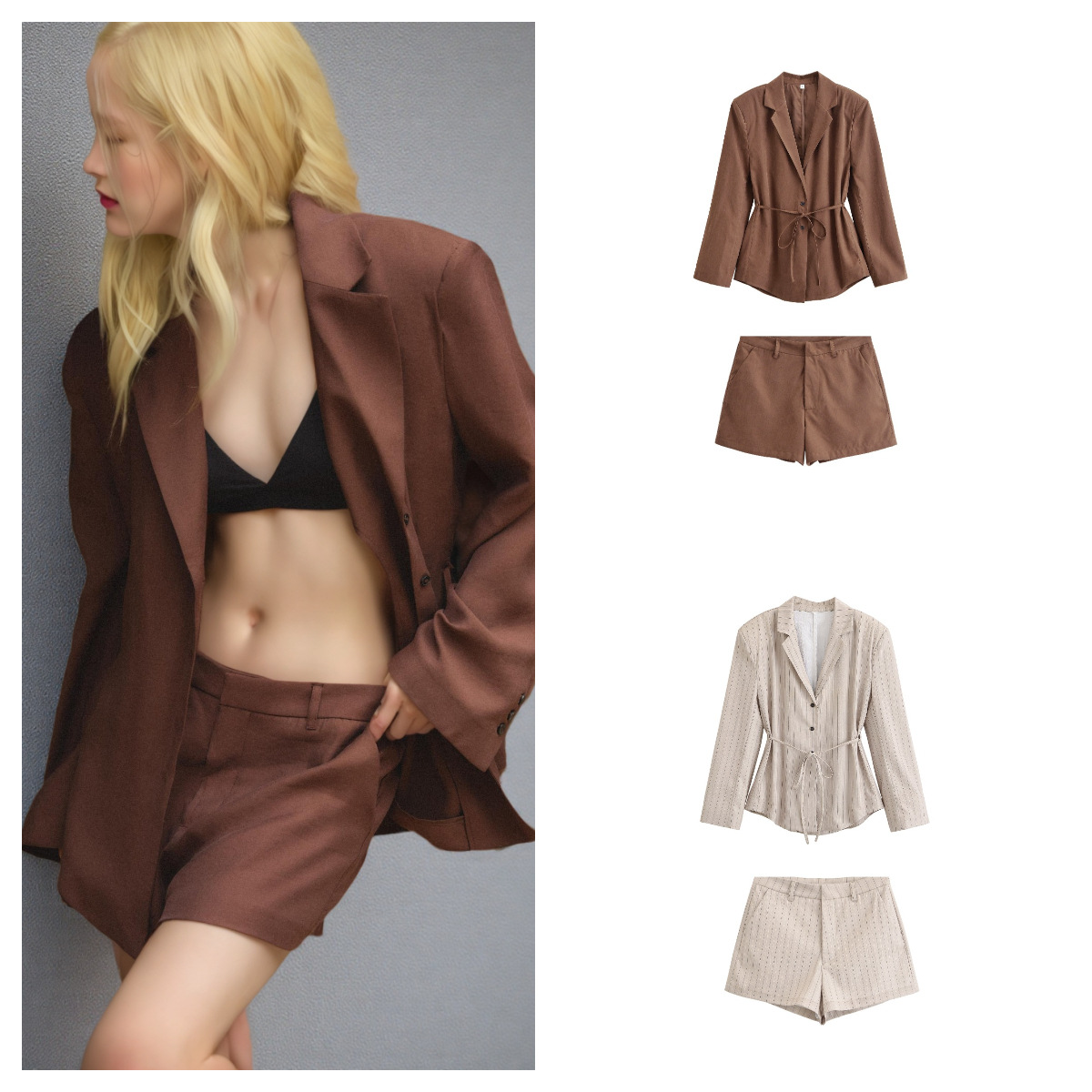 Ensemble tailleur d'été décontracté GraceChic Za pour femme, style européen et américain, coupe cintrée, blazer avec ceinture et mini-short à cravate._voghion.com