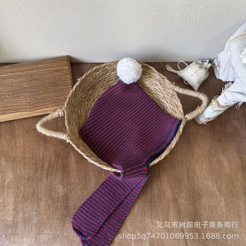 复古条纹帽子围巾一体针织包头帽批发秋冬男女童户外保暖护颈帽子|undefined