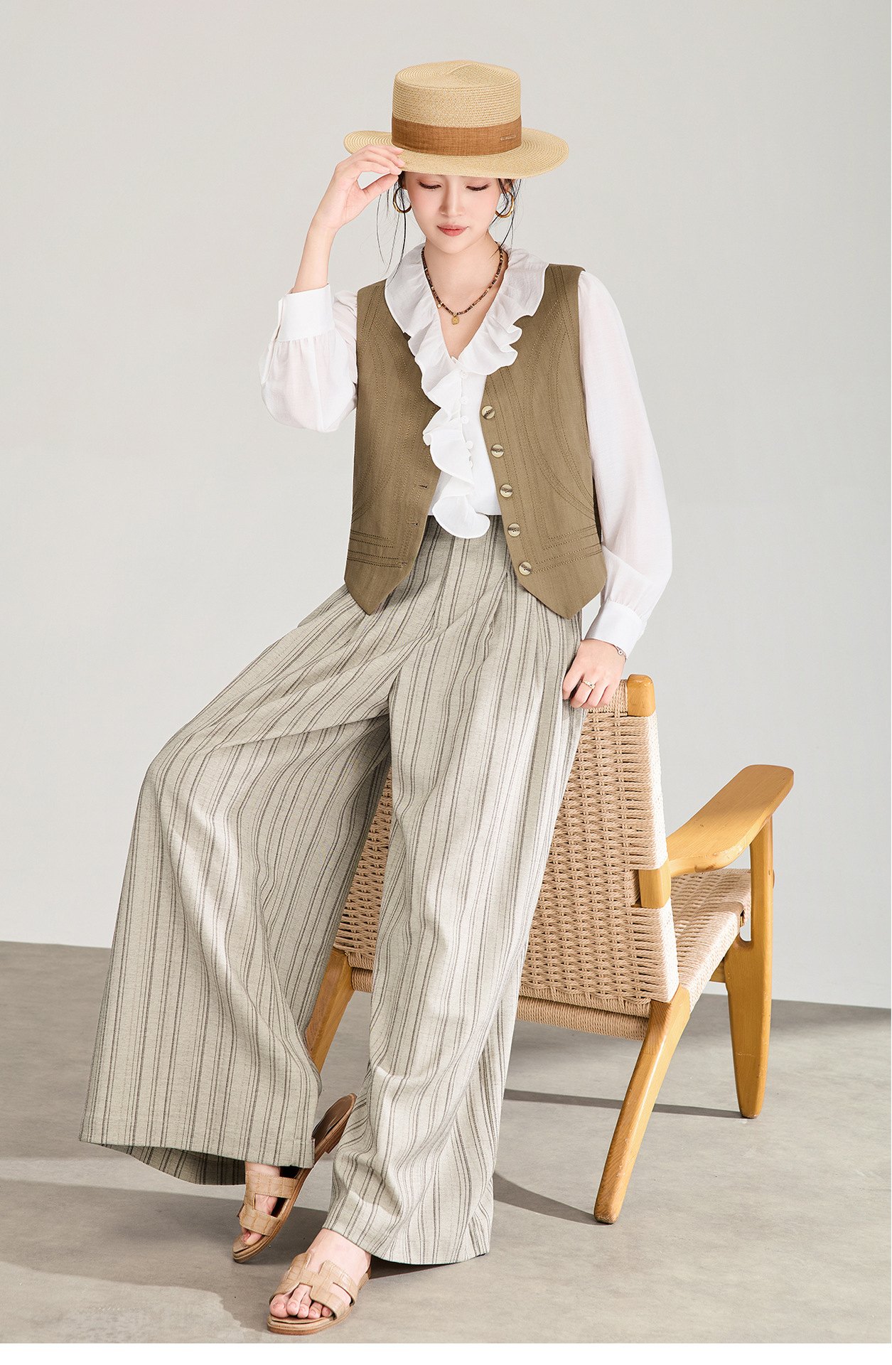 Quần culottes nữ ống rộng sọc kẻ dọc chất liệu tencel cao cấp phong cách công sở — màu kaki chi tiết 15