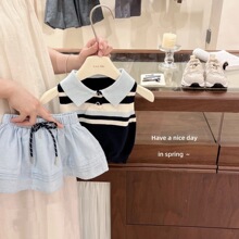 女童新款2026夏季儿童学院风套装Polo领条纹背心纯棉半身裙