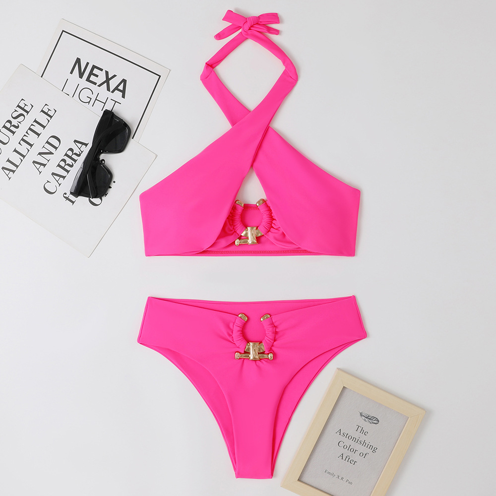 Women's Solid Colour Bikini Set Backless Sexy Metallic Accents_voghion.com