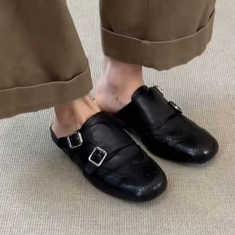 Giày lười nữ mũi vuông da thật kiểu Brogue hai hàng khóa, đế bằng — Màu nâu, màu đen