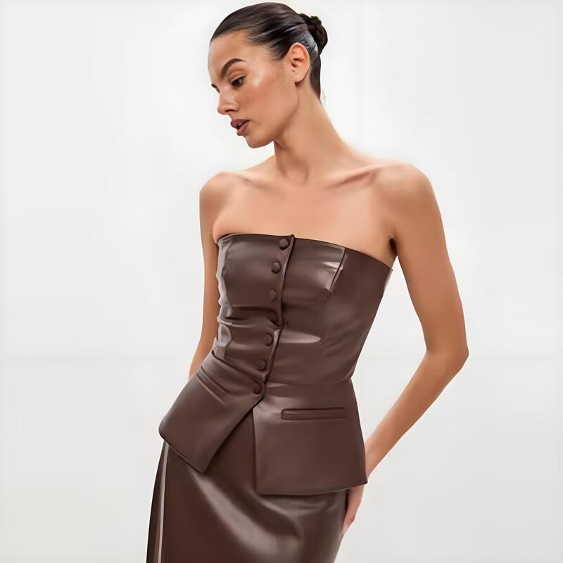 European and American Cross-border PU Women's French Design Single-breasted Sexy Strapless Leather Top Strapless Small Vest Wholesale
