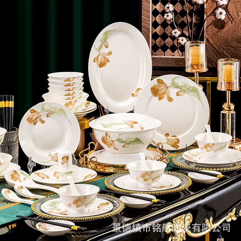 Керамическая столовая посуда Jingdezhen, легкая роскошь, чаша для дома, набор посуды нового поколения 2024, костяной фарфор, набор блюд
