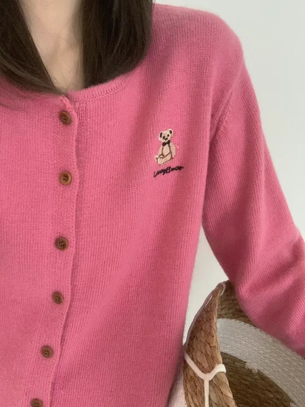 韩系甜美刺绣小熊浣熊绒针织开衫女秋冬新款洋气减龄软糯毛衣外套|undefined