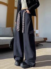 藏青色美拉德弯刀工装裤女2025秋季新款梧桐西装裤香蕉运动阔腿裤