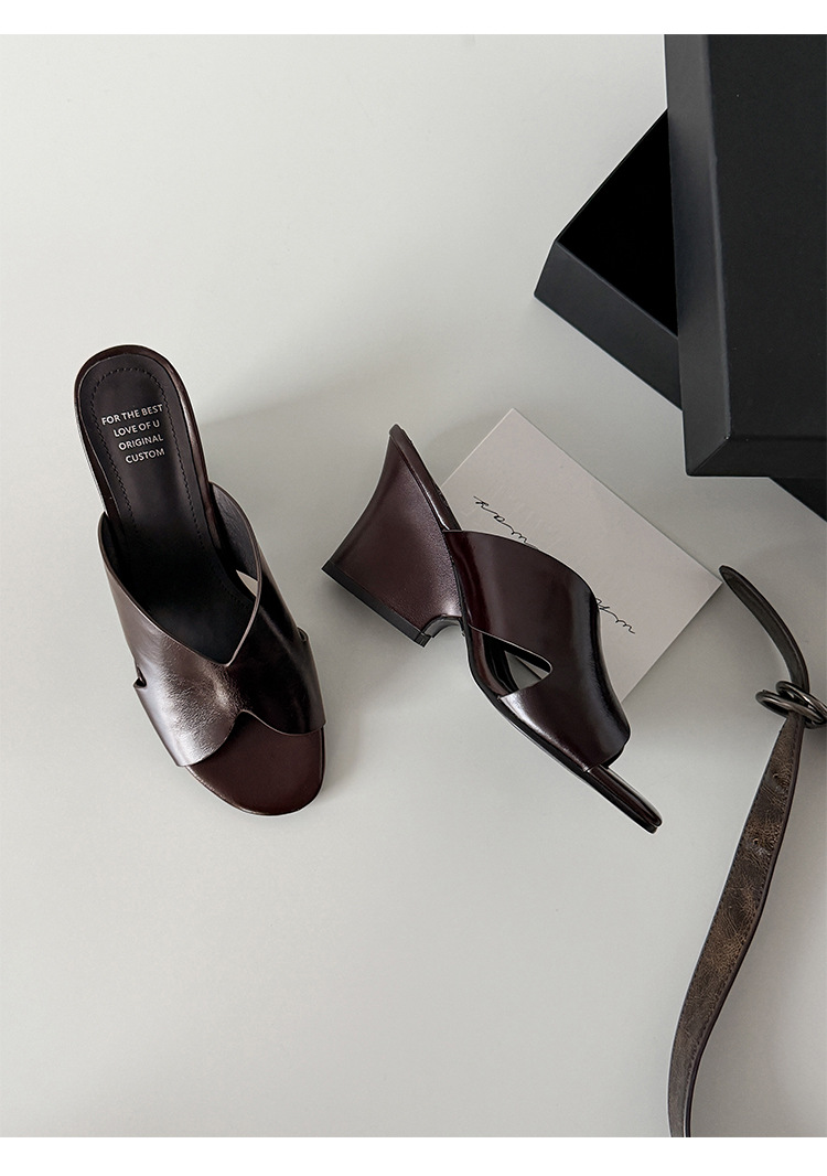 Sandal cao gót nữ hở mũi quai ngang da thật gót 8 cm — màu nâu, màu đen, màu trắng chi tiết 19