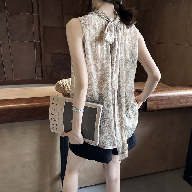 Hoo Summer French Style Metal Wire Cashew Print Ribbon Romantic Relaxed Casual Versatile Sleeveless Top Csa7121