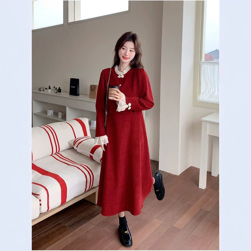 Red dress for women, 2026 new autumn collection, faux two-piece lace patchwork long dress, petite engagement long-sleeve dress