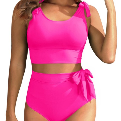 2025 Pure Color Fashionable Two-piece Bikini Women's Sexy High-waisted Sports Swimsuit, European and American Style