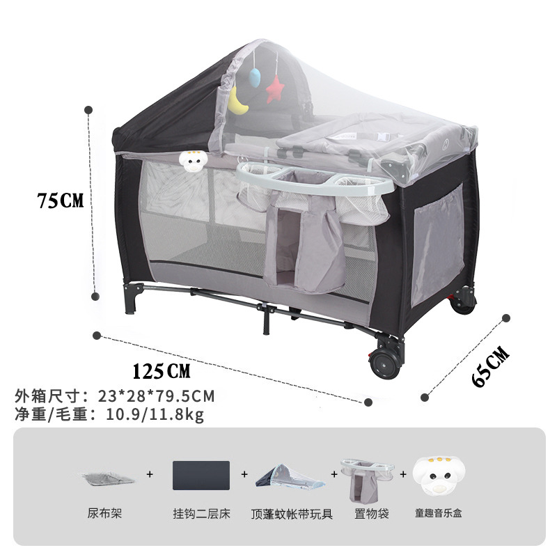 Cuna multifuncional portátil transfronteriza con cambiador, mosquitero, cama plegable para bebé y mecedora.
