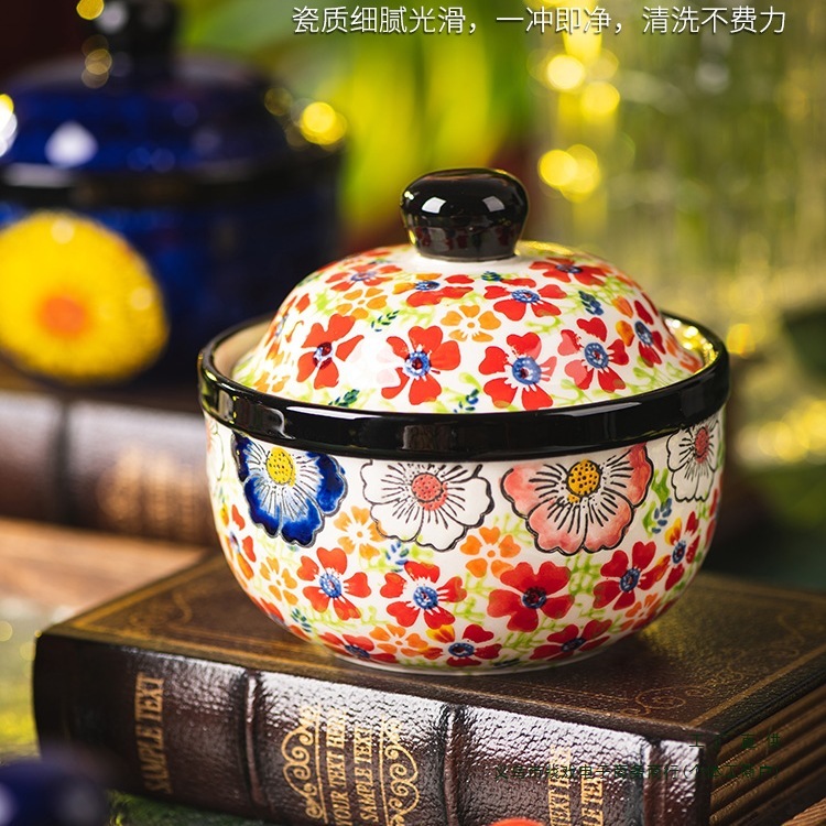 波兰陶瓷小炖盅家用带盖汤盅隔水汤罐蒸蛋碗蒸鸡蛋羹碗甜品碗|undefined