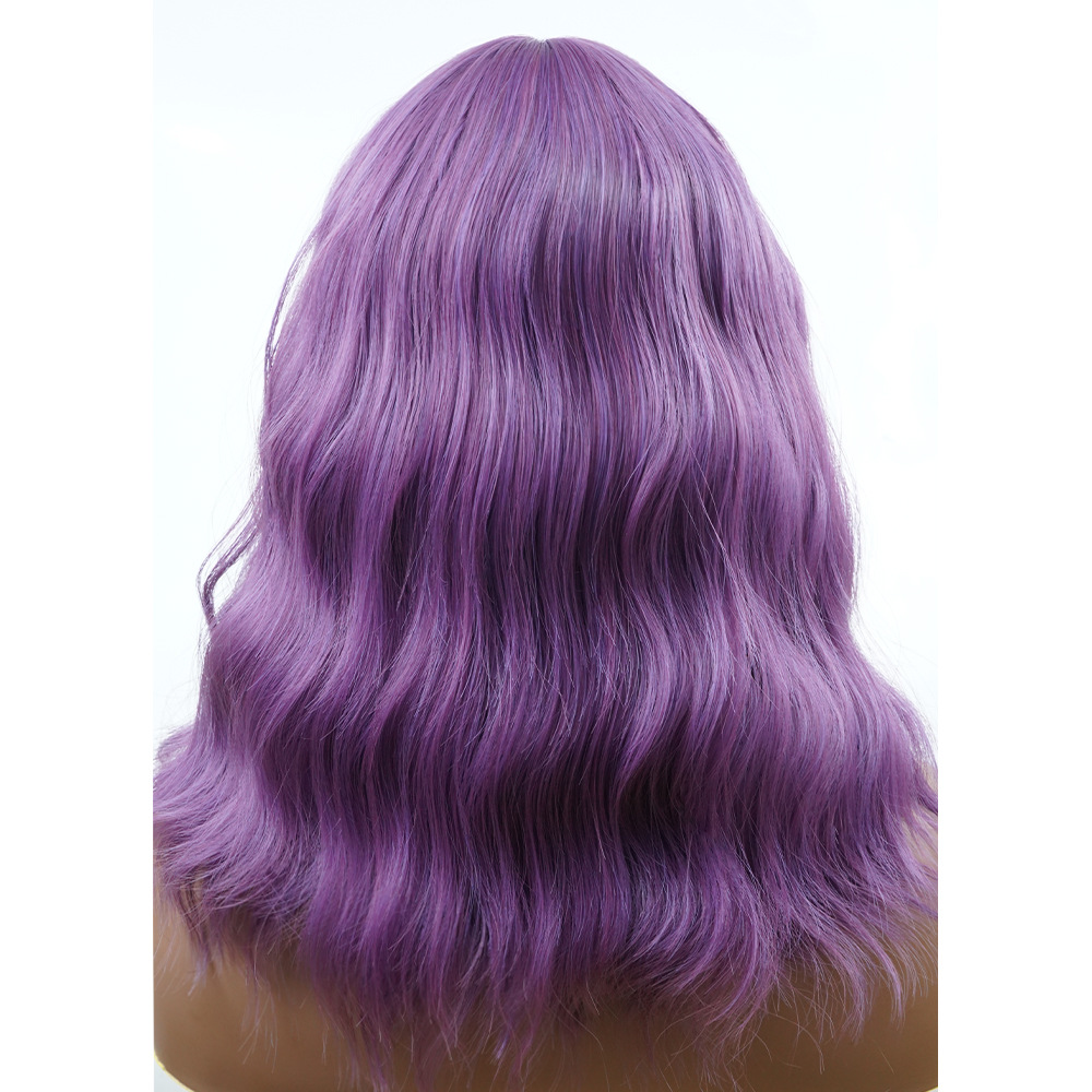 Wholesale cross-border foreign trade chemical fiber headgear, mechanism-parted purple water ripple short curly hair with bangs and bob wigs_voghion.com