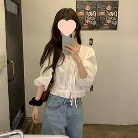 INS博主款 韩系小清新复古刺绣花边领单排扣百搭衬衫图片色均码