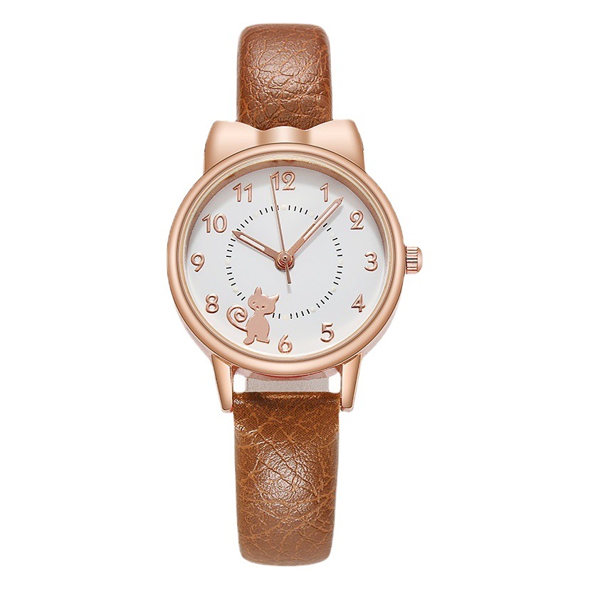 New Hot-Selling Cartoon Cat Pattern Luminous Compact Belt Watch for Girls, Student Watch, Cat Ear Design Women's Watch Wholesale