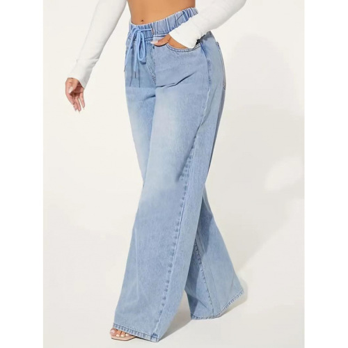European and American 2025 women's fashion denim high-waisted slimming drawstring loose wide-leg pants