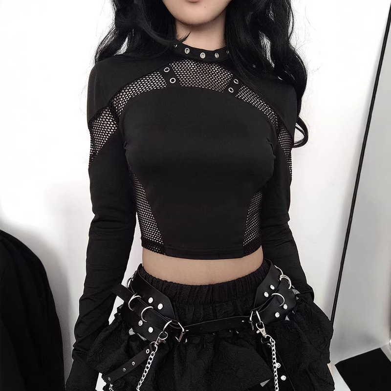 American Street Style Dark Fashion Patchwork Eyelet Hollow-Out Fishnet T-Shirt for Women, Slim Fit Solid Color Sexy Long-Sleeve Top