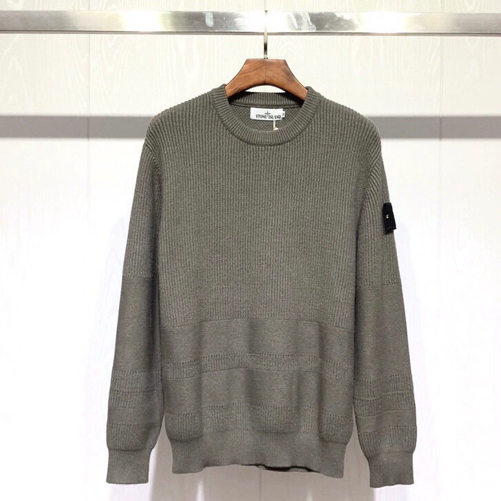 Пуловер (Stone Island) с рифлёной вставкой, вязаный свитер, круглый вырез, M–XXL — чёрный/белый/серый