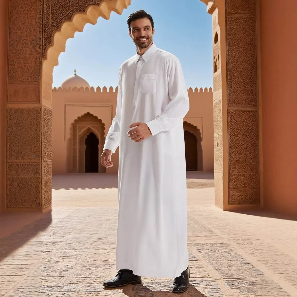 2025款中东穆斯林男士纯色POLO领口袋阿拉伯长袍