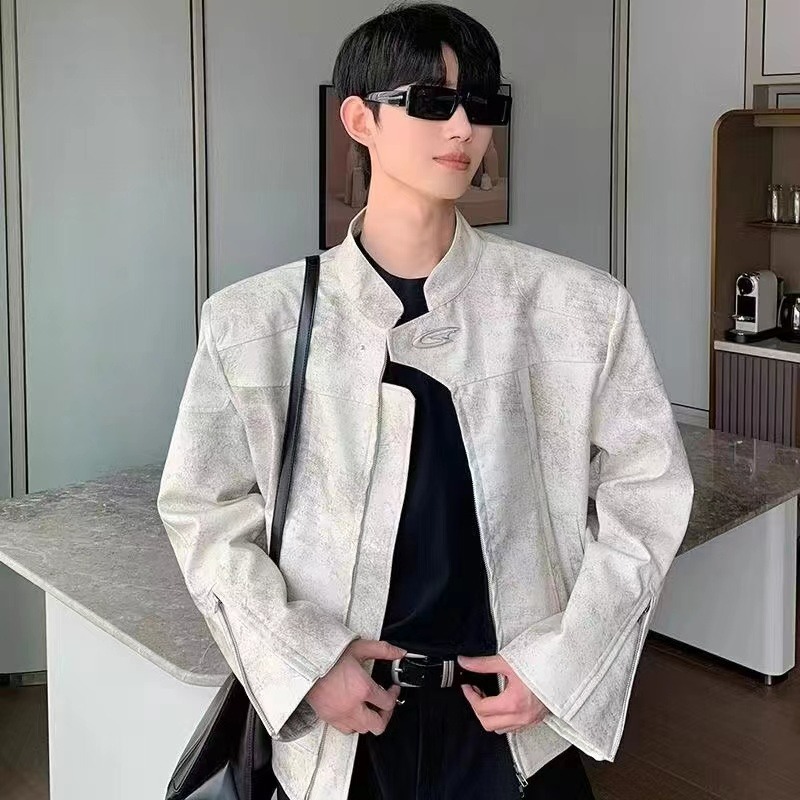 春秋季新款小众高级感立领机车皮衣男士宽松潮男短款垫肩夹克外套