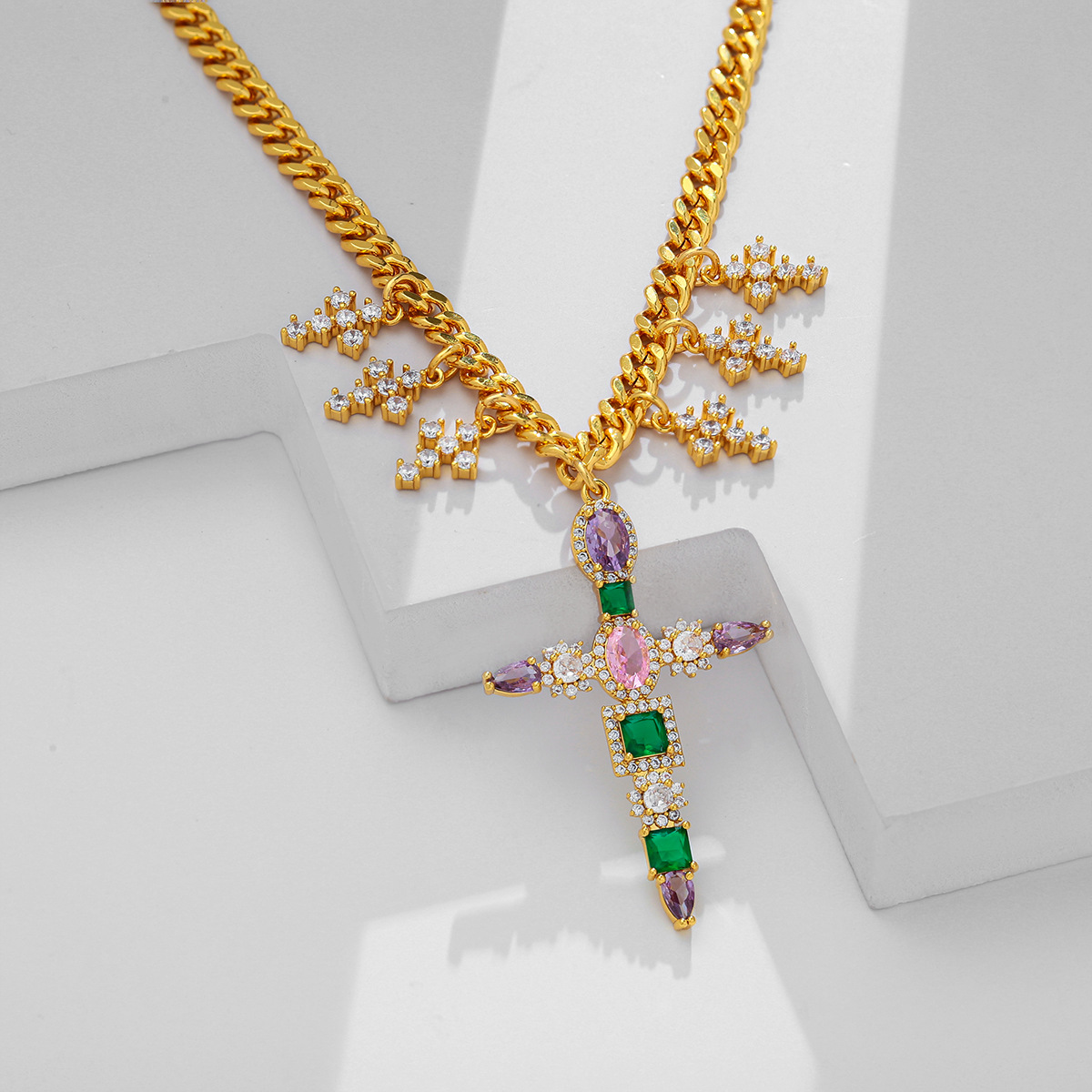 european-and-american-cross-border-jewelry-punk-style-cross-heart-diamond-love-cross-necklace-female-creative-design-sense-clavicle-chain