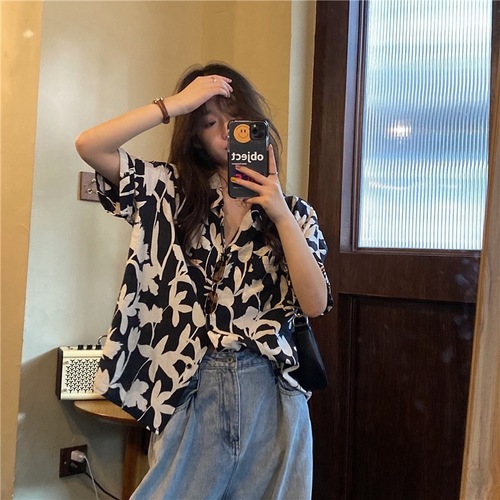 Vintage Camomile Print Women's Summer Hong Kong Style Chic Gentle Design Half-Sleeve Blouse Trendy