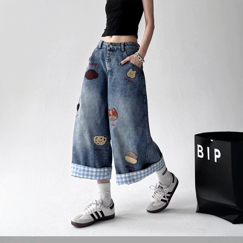 American Retro Style Fun Dog Embroidery Design Denim Cropped Pants for Women, Summer Versatile Loose Wide-Leg Shorts