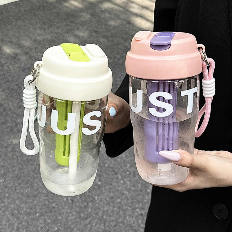 おしゃれな新しい高見えストローカップ、茶隔離、漏れ防止、持ち運び用ロープ付きプラスチックカップ、ポータブルダブルドリンクハンドルタンブラー|undefined