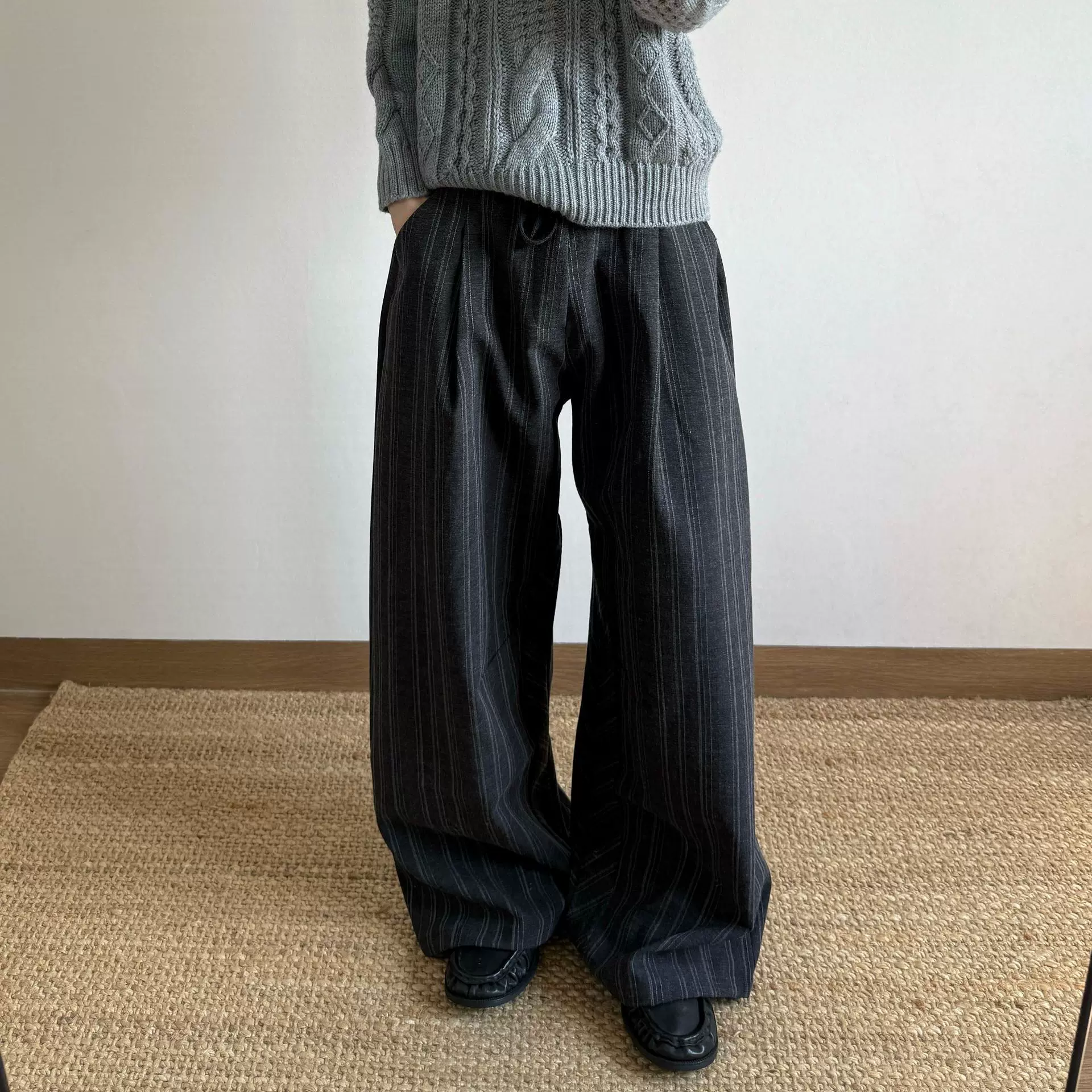 老钱新贵休闲cleanfit纹理西裤男士抽绳高质感工字褶皱条纹长裤子