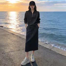 高级感休闲运动套装女春秋2026新款宽松深灰色卫衣半身裙两件套