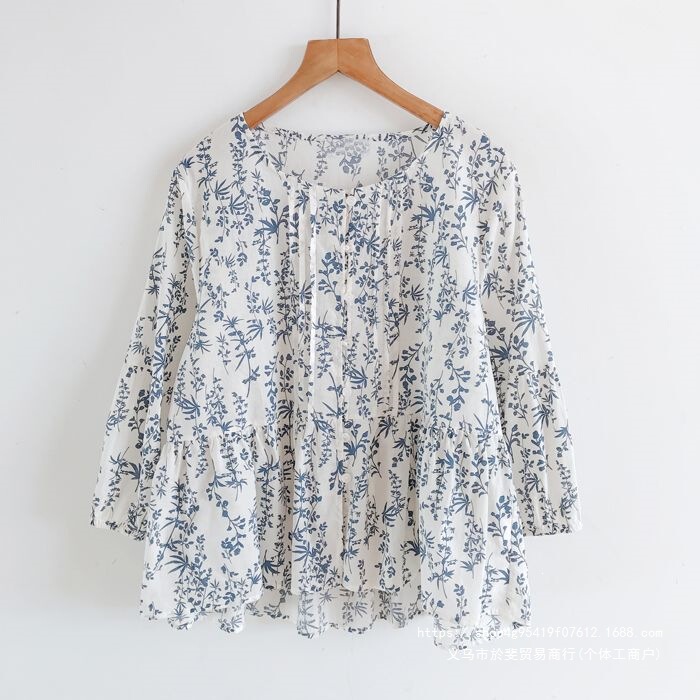 Summer Commuting Style Women's Shirt with Three-Quarter Sleeves, Leaf Print, Accordion Pleats, High-Waisted Babydoll Blouse Summer Commuting Style Women's Shirt with Three-Quarter Sleeves, Leaf Print, Accordion Pleats, High-Waisted Babydoll Blouse