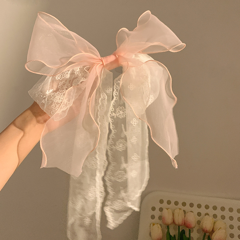 Lace pink printed bow ribbon hairpin women's large back spoon spring clip French temperament hairpin hair accessories_voghion.com