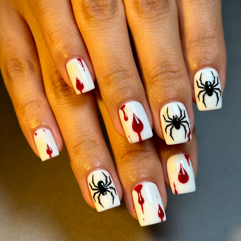 Halloween Nail Art with White Background, Spider Blood Drops, Short Square Nails, Dark Style Nail Stickers, Factory Wholesale Fake Nails Halloween Nail Art with White Background, Spider Blood Drops, Short Square Nails, Dark Style Nail Stickers, Factory Wholesale Fake Nails