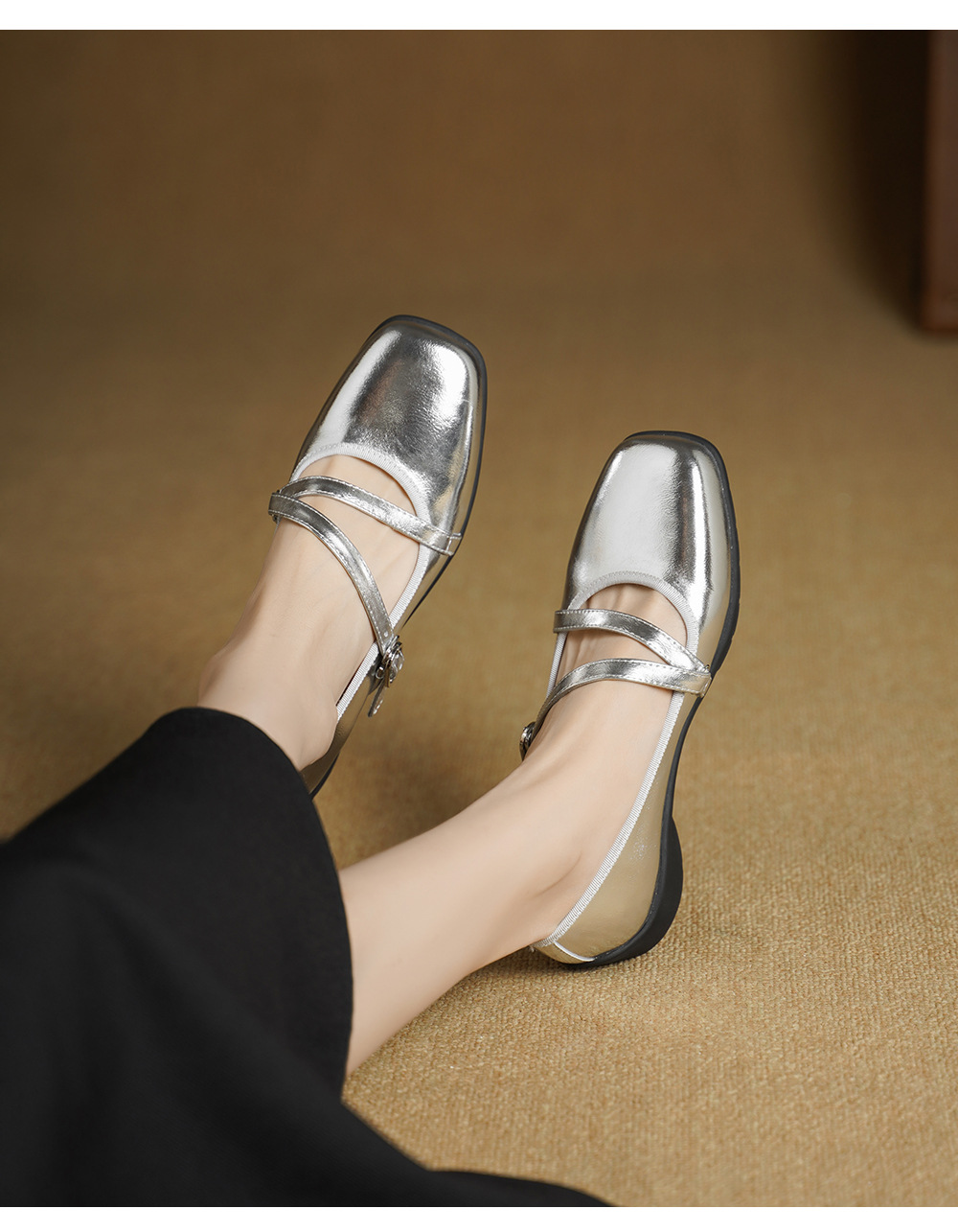 Giày Mary Jane nữ da cừu miệng nông đế bệt phong cách học sinh quai ngang khóa Velcro — đen chi tiết 2