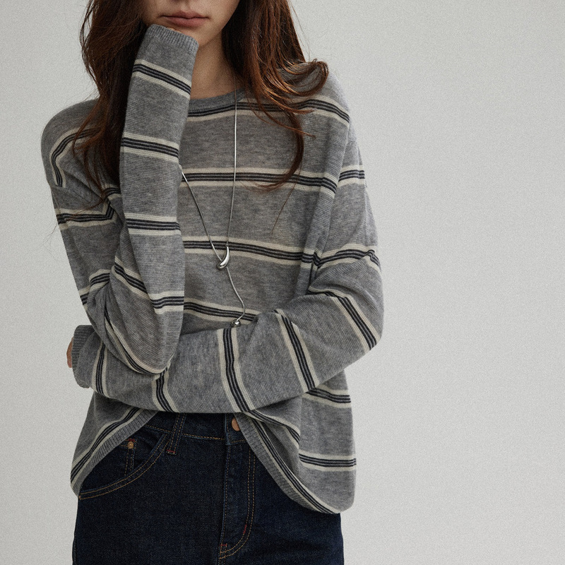 Wool Contrast Color Striped Sweater Women's 2025 Autumn and Winter New Loose Round Neck Pullover Sweater