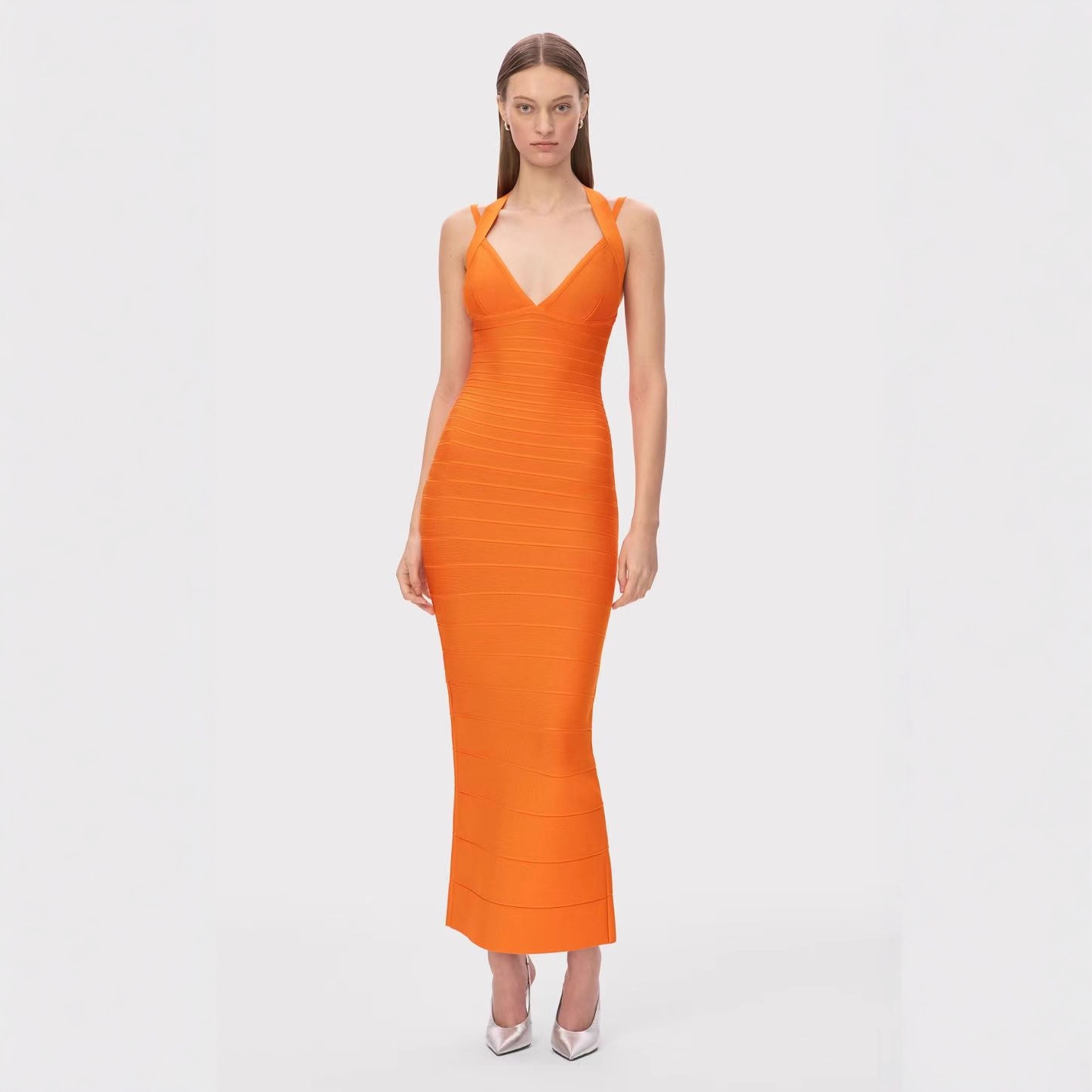 Cross-Border Orange Cross Strap Deep V Neck Texture Slim Fishtail Evening Dress Women's Nightclub Party Bandage Dress