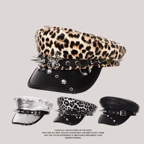 American Fashion Retro Hot Girl Leopard Print Rivet Leather Octagonal Hat Female Subculture Face-Showing Newsboy Beret Hat