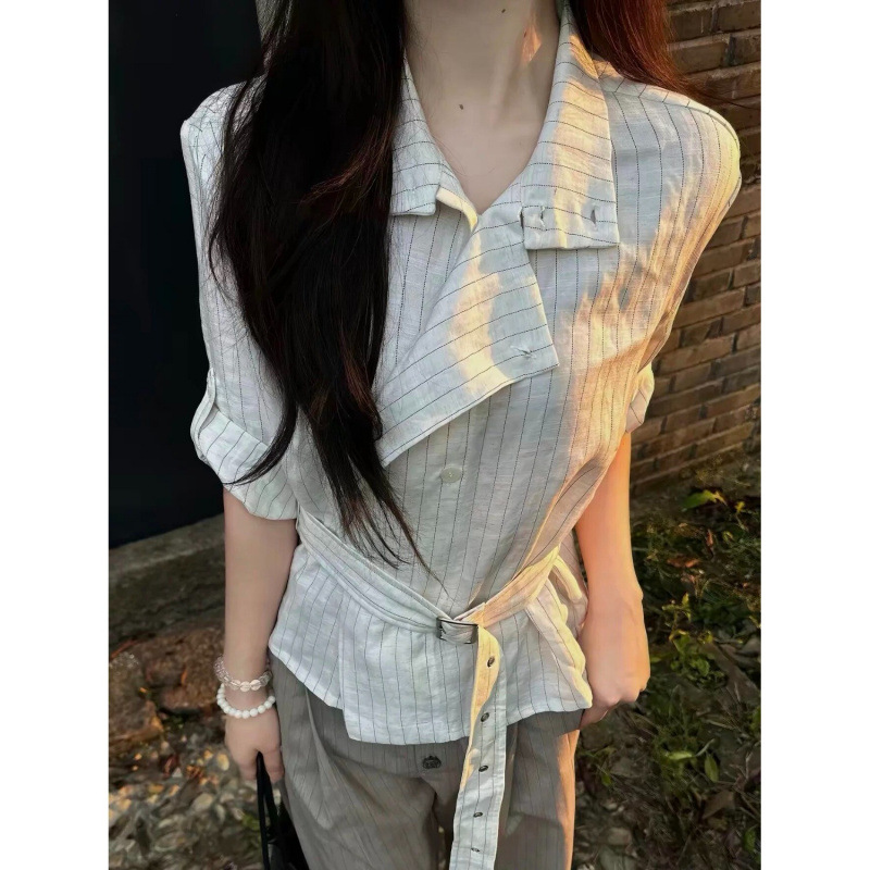 ONEER Lyocell blend "linen" Harrington shirt with adjustable sleeves and striped short sleeves at the chest