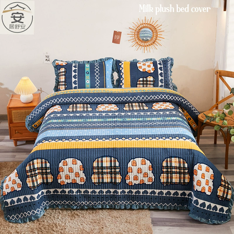 加厚夹棉牛奶绒床盖批发秋冬加绒加厚保暖床单三件套家用盖毯礼品