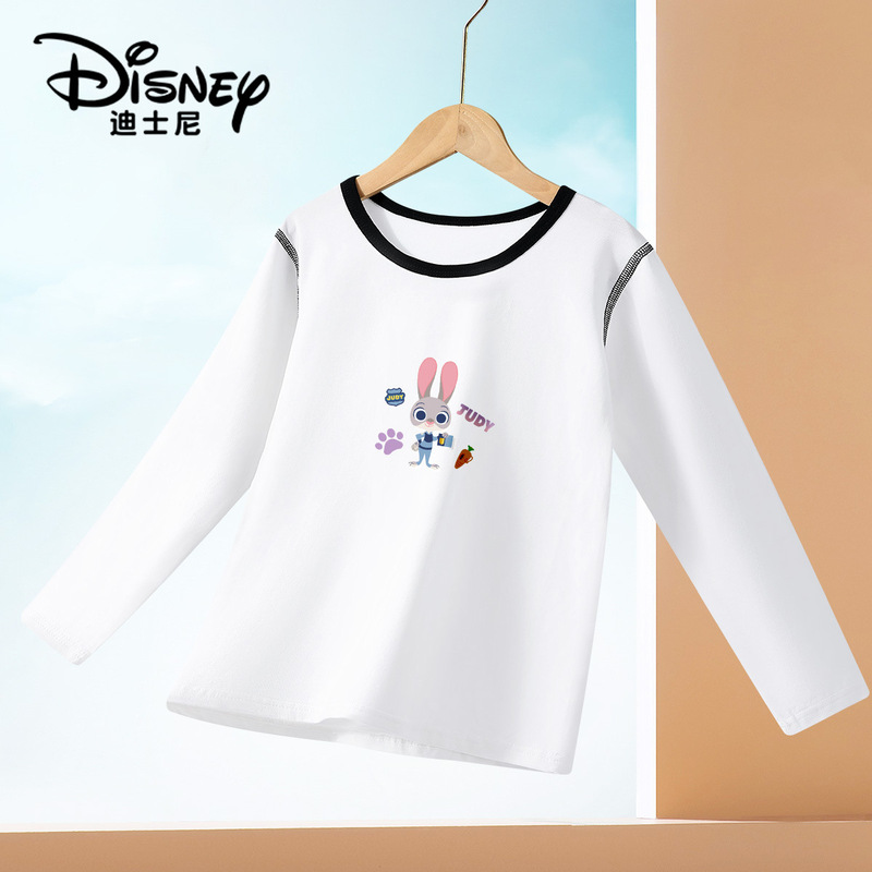 Disney Children's Pure Cotton Long-Sleeve T-Shirt for Girls, Spring and Autumn Solid Color Base Layer Round Neck Top T-Shirt