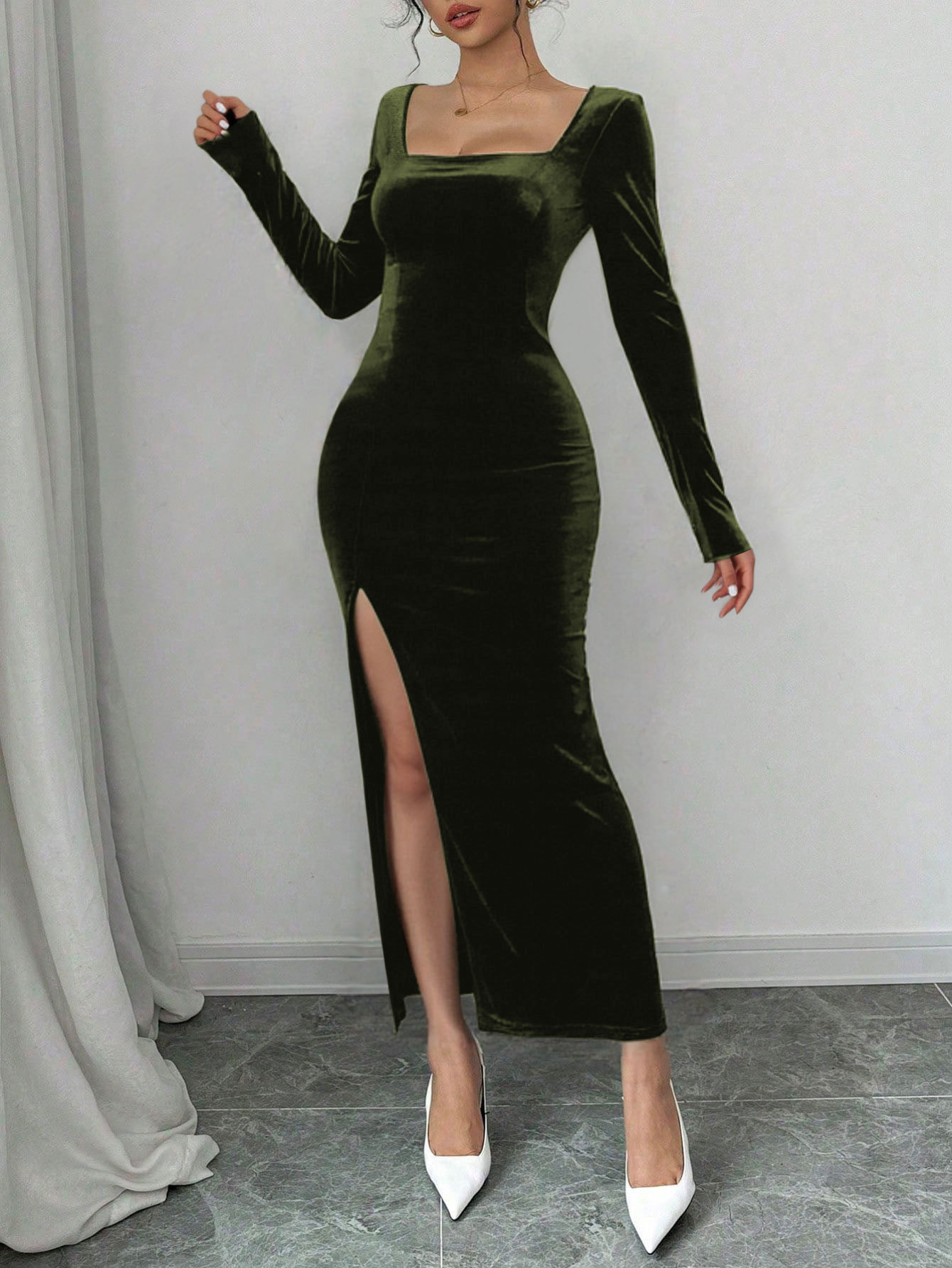 Women's Elegant Square-Neck Long-Sleeve Maxi High Waist Dress